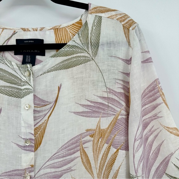 Tahari Button Down Women's Tunic Shirt 100% Linen Top Tropical Palm Floral 1X - Picture 3 of 10